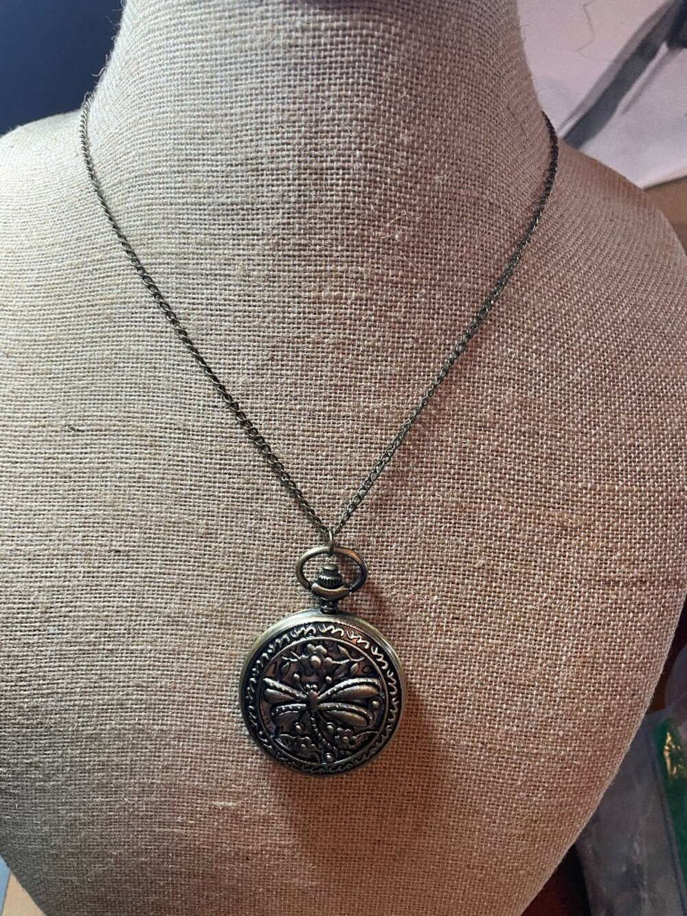 Antique-Style Bronze Dragonfly Pendant Watch